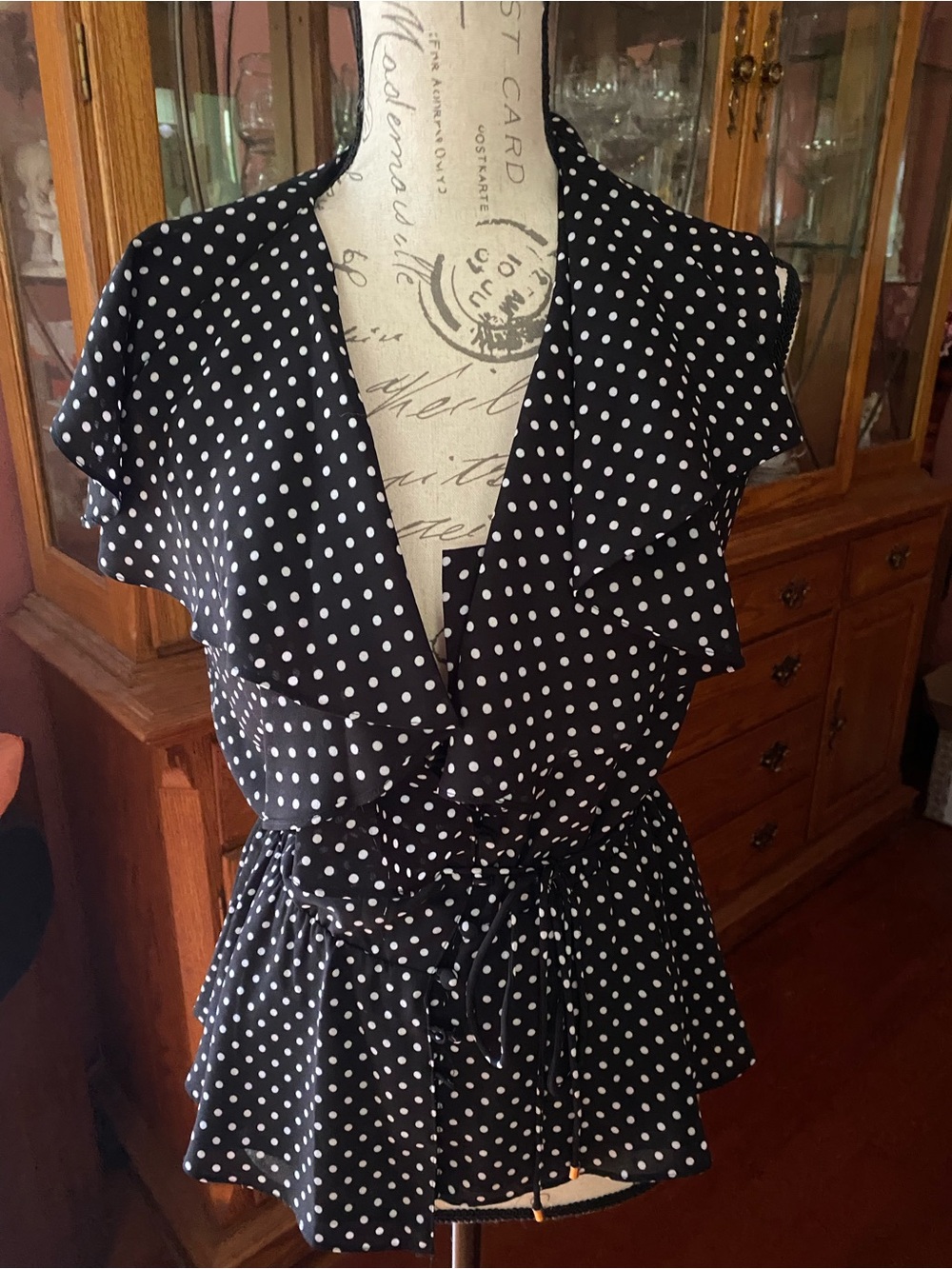 Ralph Lauren Black Polka Dot Ruffle Wrap Blouse